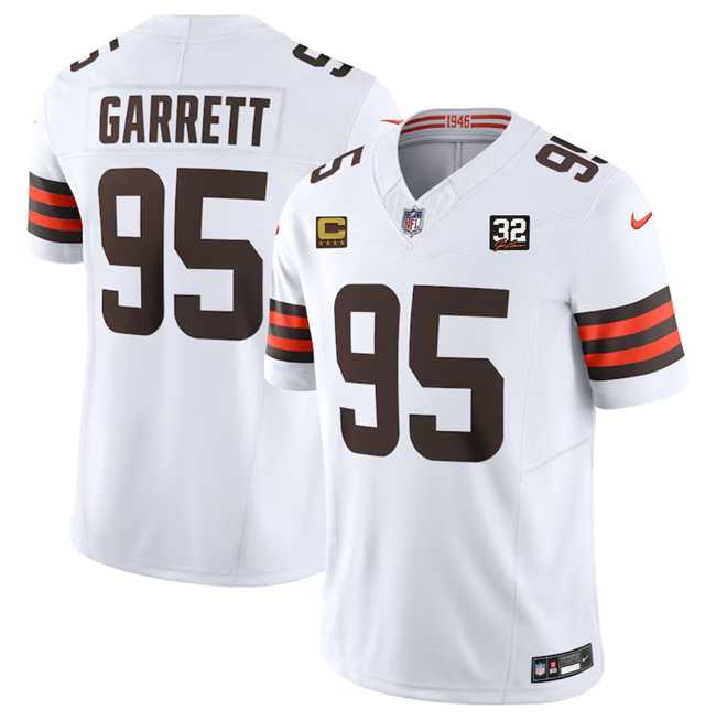 Men & Women & Youth Cleveland Browns #95 Myles Garrett White 2023 F.U.S.E. With 4-Star C Patch And Jim Brown Memorial Patch Vapor Untouchable Limited Football Stitched Jersey